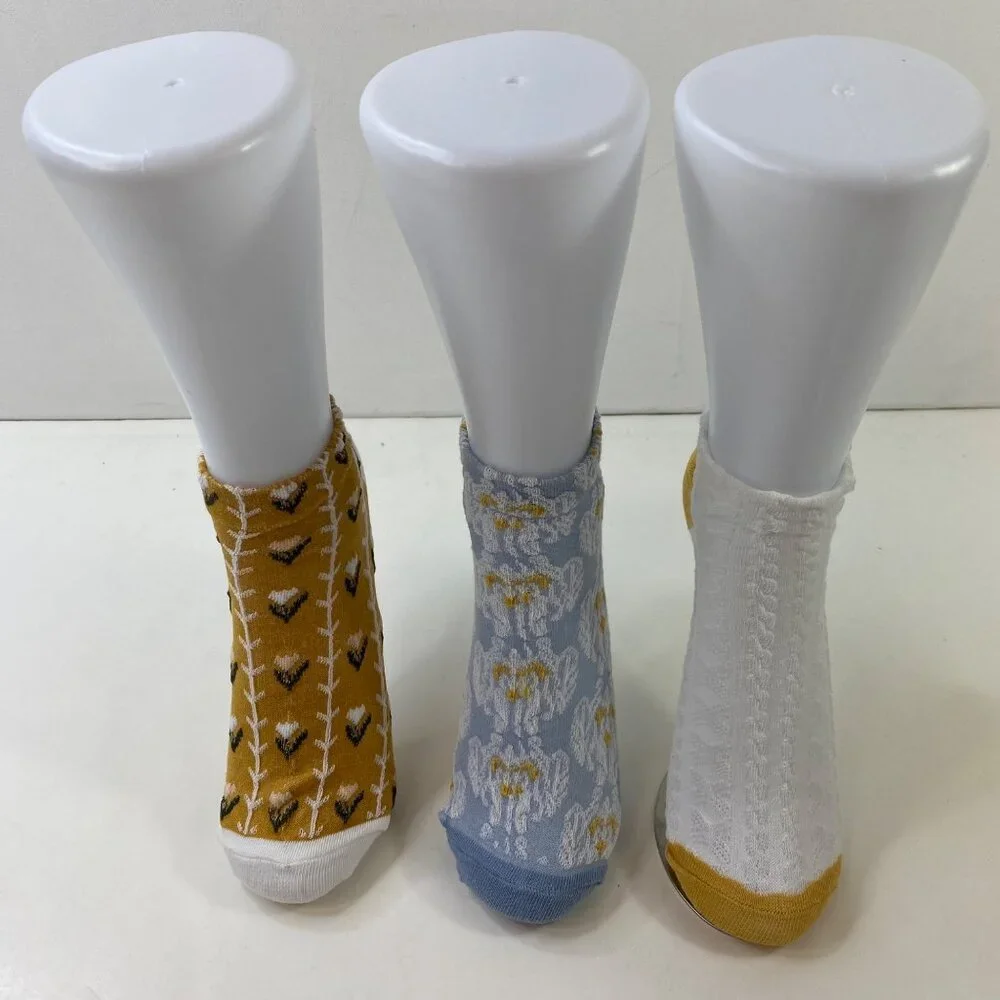 Womens Ankle Socks Set Of 3 Daisy Honeycomb Cable Knit Yellow Blue White